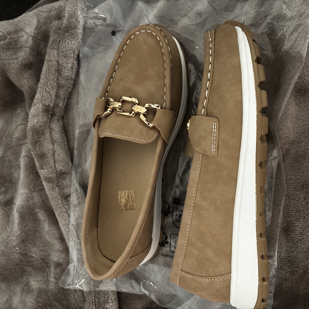 Tan and Gold Slip-On Loafers with Chain Detail